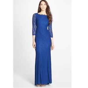 Adrianna Papell Blue Lace Mermaid Gown with Three Quarter Sleeves Formal Dress